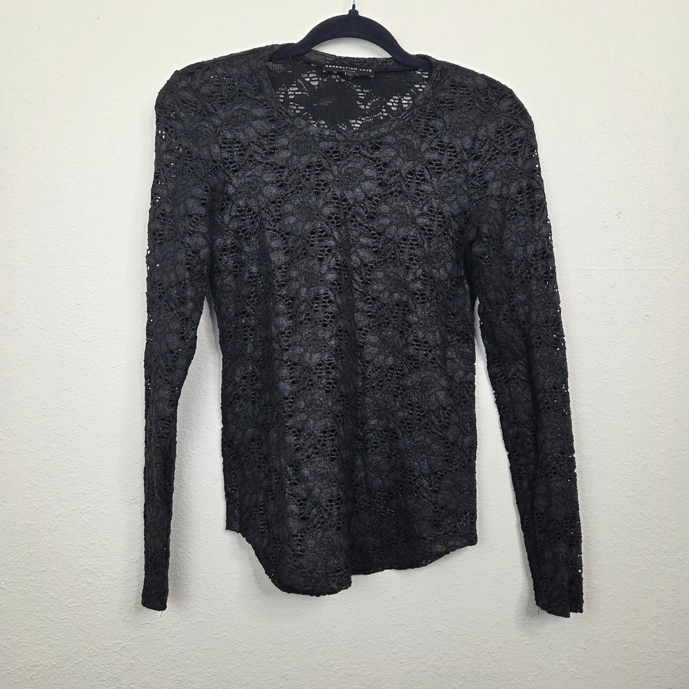 Generation Love Top Women S Black Excellent Lace Long Sleeve Crew Neck Shimmer‎